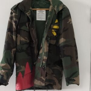 Camouflage Men's Jacket Red and Yellow Accents 6 pockets Hoodie Adjustable Waist